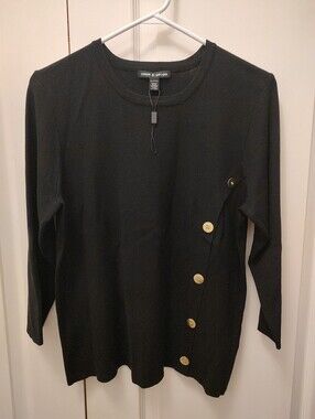 Cable & Gauge Black Crewneck Sweater with Gold Side Buttons